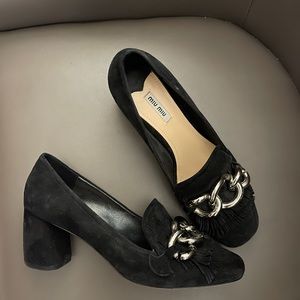 Miu Miu black mary jane pumps heeled sandals suede shoes with chains 5cm heels